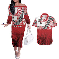 Malo e lelei Tonga Couples Matching Off The Shoulder Long Sleeve Dress and Hawaiian Shirt Ngatu Tokelau Feletoa Fata Traditional Polynesian Pattern LT9 Red - Polynesian Pride