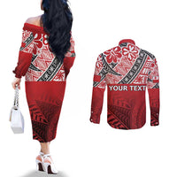 Malo e lelei Tonga Couples Matching Off The Shoulder Long Sleeve Dress and Long Sleeve Button Shirt Ngatu Tokelau Feletoa Fata Traditional Polynesian Pattern
