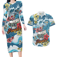 Hawaii Santa Skeleton Surfing Personalized Couples Matching Long Sleeve Bodycon Dress and Hawaiian Shirt Mele Kalikimaka i Iulai! LT9 Blue - Polynesian Pride