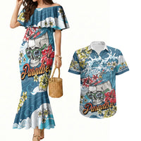 Hawaii Santa Skeleton Surfing Personalized Couples Matching Mermaid Dress and Hawaiian Shirt Mele Kalikimaka i Iulai! LT9 Blue - Polynesian Pride