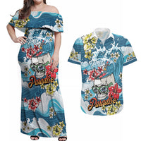 Hawaii Santa Skeleton Surfing Personalized Couples Matching Off Shoulder Maxi Dress and Hawaiian Shirt Mele Kalikimaka i Iulai! LT9 Blue - Polynesian Pride