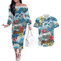 Hawaii Santa Skeleton Surfing Personalized Couples Matching Off The Shoulder Long Sleeve Dress and Hawaiian Shirt Mele Kalikimaka i Iulai! LT9 Blue - Polynesian Pride