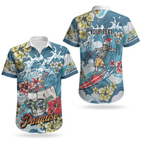 Hawaii Santa Skeleton Surfing Personalized Couples Matching Off The Shoulder Long Sleeve Dress and Hawaiian Shirt Mele Kalikimaka i Iulai! LT9 - Polynesian Pride