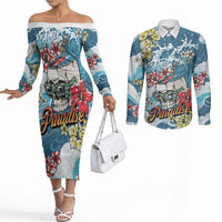 Hawaii Santa Skeleton Surfing Personalized Couples Matching Off The Shoulder Long Sleeve Dress and Long Sleeve Button Shirt Mele Kalikimaka i Iulai! LT9 Blue - Polynesian Pride
