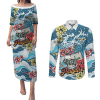 Hawaii Santa Skeleton Surfing Personalized Couples Matching Puletasi and Long Sleeve Button Shirt Mele Kalikimaka i Iulai!