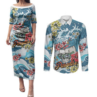 Hawaii Santa Skeleton Surfing Personalized Couples Matching Puletasi and Long Sleeve Button Shirt Mele Kalikimaka i Iulai! LT9 Blue - Polynesian Pride