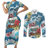 Hawaii Santa Skeleton Surfing Personalized Couples Matching Short Sleeve Bodycon Dress and Long Sleeve Button Shirt Mele Kalikimaka i Iulai! LT9 Blue - Polynesian Pride