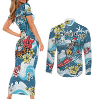 Hawaii Santa Skeleton Surfing Personalized Couples Matching Short Sleeve Bodycon Dress and Long Sleeve Button Shirt Mele Kalikimaka i Iulai! LT9 - Polynesian Pride