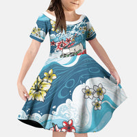 Hawaii Santa Skeleton Surfing Personalized Family Matching Off Shoulder Maxi Dress and Hawaiian Shirt Mele Kalikimaka i Iulai! LT9 Daughter's Dress Blue - Polynesian Pride