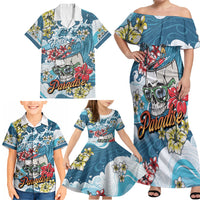 Hawaii Santa Skeleton Surfing Personalized Family Matching Off Shoulder Maxi Dress and Hawaiian Shirt Mele Kalikimaka i Iulai! LT9 - Polynesian Pride
