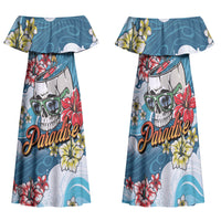 Hawaii Santa Skeleton Surfing Personalized Family Matching Off Shoulder Maxi Dress and Hawaiian Shirt Mele Kalikimaka i Iulai! LT9 Mom's Dress Blue - Polynesian Pride