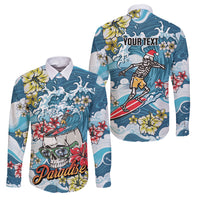Hawaii Santa Skeleton Surfing Personalized Family Matching Off Shoulder Maxi Dress and Hawaiian Shirt Mele Kalikimaka i Iulai! LT9 Dad's Shirt - Long Sleeve Blue - Polynesian Pride