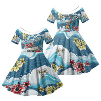 Hawaii Santa Skeleton Surfing Personalized Family Matching Off Shoulder Maxi Dress and Hawaiian Shirt Mele Kalikimaka i Iulai! LT9 Daughter's Dress Blue - Polynesian Pride