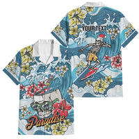 Hawaii Santa Skeleton Surfing Personalized Family Matching Puletasi and Hawaiian Shirt Mele Kalikimaka i Iulai! LT9 Dad's Shirt - Short Sleeve Blue - Polynesian Pride