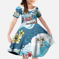 Hawaii Santa Skeleton Surfing Personalized Kid Short Sleeve Dress Mele Kalikimaka i Iulai!