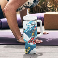 Hawaii Santa Skeleton Surfing Personalized Tumbler With Handle Mele Kalikimaka i Iulai!