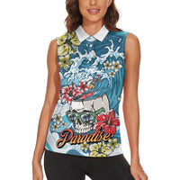Hawaii Santa Skeleton Surfing Personalized Women Sleeveless Polo Shirt Mele Kalikimaka i Iulai!