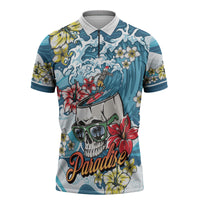 Hawaii Santa Skeleton Surfing Personalized Zipper Polo Shirt Mele Kalikimaka i Iulai! LT9 Blue - Polynesian Pride