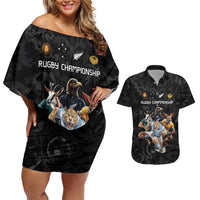 Custom Rugby Southern Hemisphere Couples Matching Off Shoulder Short Dress and Hawaiian Shirt Argentina AUNZ South Africa Mascot Black LT9 Black - Polynesian Pride
