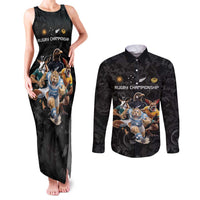 Custom Rugby Southern Hemisphere Couples Matching Tank Maxi Dress and Long Sleeve Button Shirt Argentina AUNZ South Africa Mascot Black - Polynesian Pride