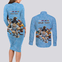 Custom Rugby Southern Hemisphere Couples Matching Long Sleeve Bodycon Dress and Long Sleeve Button Shirt Argentina AUNZ South Africa Mascot Blue LT9 - Polynesian Pride