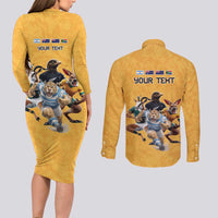 Custom Rugby Southern Hemisphere Couples Matching Long Sleeve Bodycon Dress and Long Sleeve Button Shirt Argentina AUNZ South Africa Mascot Gold - Polynesian Pride