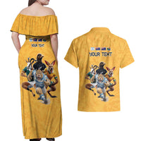 Custom Rugby Southern Hemisphere Couples Matching Off Shoulder Maxi Dress and Hawaiian Shirt Argentina AUNZ South Africa Mascot Gold LT9 - Polynesian Pride