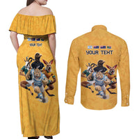 Custom Rugby Southern Hemisphere Couples Matching Off Shoulder Maxi Dress and Long Sleeve Button Shirt Argentina AUNZ South Africa Mascot Gold LT9 - Polynesian Pride