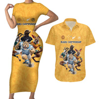 Custom Rugby Southern Hemisphere Couples Matching Short Sleeve Bodycon Dress and Hawaiian Shirt Argentina AUNZ South Africa Mascot Gold - Polynesian Pride