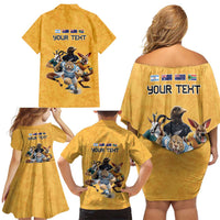 Custom Rugby Southern Hemisphere Family Matching Off Shoulder Short Dress and Hawaiian Shirt Argentina AUNZ South Africa Mascot Gold LT9 - Polynesian Pride