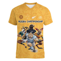 Custom Rugby Southern Hemisphere Women V-Neck T-Shirt Argentina AUNZ South Africa Mascot Gold LT9 Female Gold - Polynesian Pride