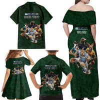 Custom Rugby Southern Hemisphere Family Matching Off Shoulder Maxi Dress and Hawaiian Shirt Argentina AUNZ South Africa Mascot Green LT9 - Polynesian Pride