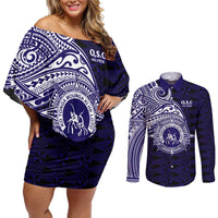 Tonga Queen Salote College 100th Years Couples Matching Off Shoulder Short Dress and Long Sleeve Button Shirt Est 1926 Tongan Ngatu Tapa LT9 Blue - Polynesian Pride