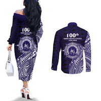 Tonga Queen Salote College 100th Years Couples Matching Off The Shoulder Long Sleeve Dress and Long Sleeve Button Shirt Est 1926 Tongan Ngatu Tapa LT9 - Polynesian Pride