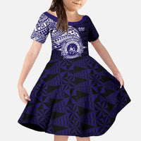 Tonga Queen Salote College 100th Years Family Matching Off The Shoulder Long Sleeve Dress and Hawaiian Shirt Est 1926 Tongan Ngatu Tapa LT9 Daughter's Dress Blue - Polynesian Pride