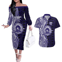 Tonga Queen Salote College 100th Years Couples Matching Off The Shoulder Long Sleeve Dress and Hawaiian Shirt Blue Tonga Kupesi Uniquely Pacific Art LT9 Blue - Polynesian Pride