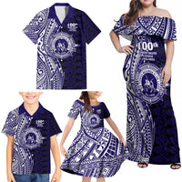 Tonga Queen Salote College 100th Years Family Matching Off Shoulder Maxi Dress and Hawaiian Shirt Blue Tonga Kupesi Uniquely Pacific Art LT9 - Polynesian Pride