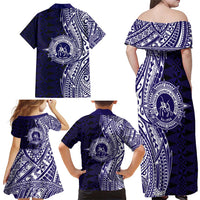 Tonga Queen Salote College 100th Years Family Matching Off Shoulder Maxi Dress and Hawaiian Shirt Blue Tonga Kupesi Uniquely Pacific Art LT9 - Polynesian Pride
