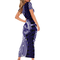 Tonga Queen Salote College 100th Years Short Sleeve Bodycon Dress Blue Tonga Kupesi Uniquely Pacific Art - Polynesian Pride