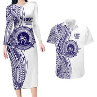 Tonga Queen Salote College 100th Years Couples Matching Long Sleeve Bodycon Dress and Hawaiian Shirt White Tonga Kupesi Uniquely Pacific Art LT9 White - Polynesian Pride