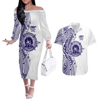 Tonga Queen Salote College 100th Years Couples Matching Off The Shoulder Long Sleeve Dress and Hawaiian Shirt White Tonga Kupesi Uniquely Pacific Art LT9 White - Polynesian Pride