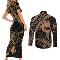 Ikaika Hawaiian Mythic Koa Tribal Warrior Couples Matching Short Sleeve Bodycon Dress and Long Sleeve Button Shirt