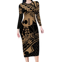 Ikaika Hawaiian Mythic Koa Tribal Warrior Long Sleeve Bodycon Dress LT9 Long Dress Gold - Polynesian Pride