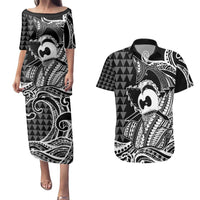 Koa Ikaika Warrior Helmet with Shark Couples Matching Puletasi and Hawaiian Shirt Black Kakau Style