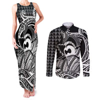 Koa Ikaika Warrior Helmet with Shark Couples Matching Tank Maxi Dress and Long Sleeve Button Shirt Black Kakau Style