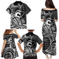Koa Ikaika Warrior Helmet with Shark Family Matching Puletasi and Hawaiian Shirt Black Kakau Style