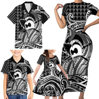 Koa Ikaika Warrior Helmet with Shark Family Matching Short Sleeve Bodycon Dress and Hawaiian Shirt Black Kakau Style LT9 - Polynesian Pride