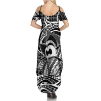 Koa Ikaika Warrior Helmet with Shark Family Matching Summer Maxi Dress and Hawaiian Shirt Black Kakau Style LT9 - Polynesian Pride