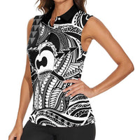 Koa Ikaika Warrior Helmet with Shark Women Sleeveless Polo Shirt Black Kakau Style
