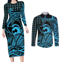 Koa Ikaika Warrior Helmet with Shark Couples Matching Long Sleeve Bodycon Dress and Long Sleeve Button Shirt Blue Kakau Style